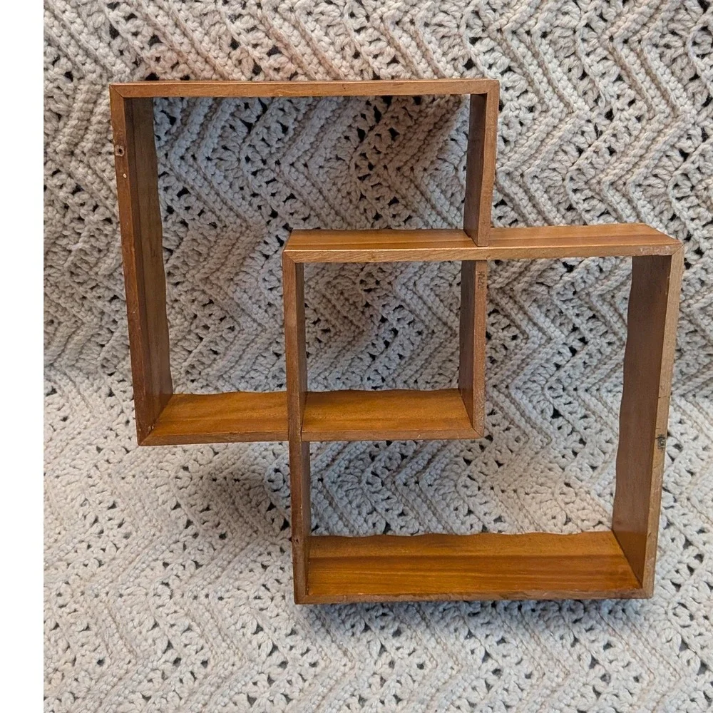 Vintage MCM Wood Shadow Box Wall Shelf Scalloped Edge Interlocking Triple Square